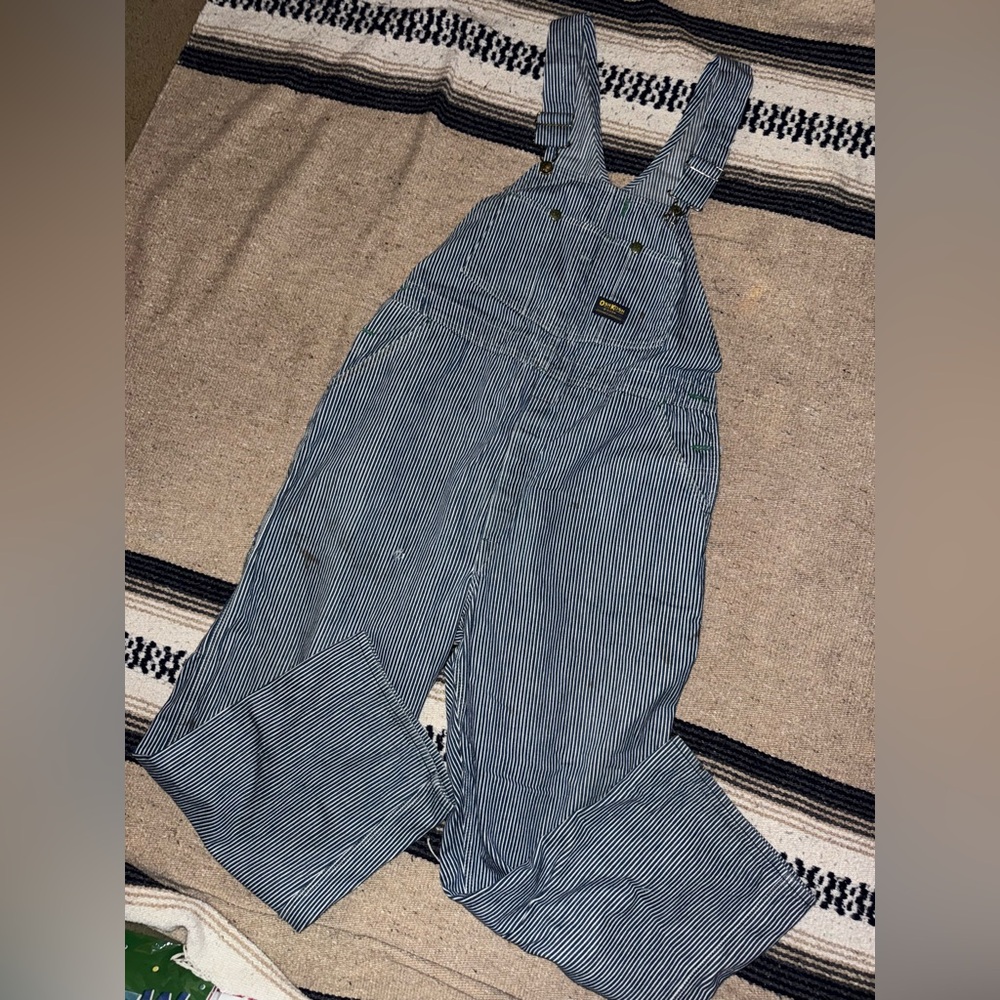 Vintage Oshkosh B’Gosh distressed hickory railroad stripe blue overalls 38” x29”